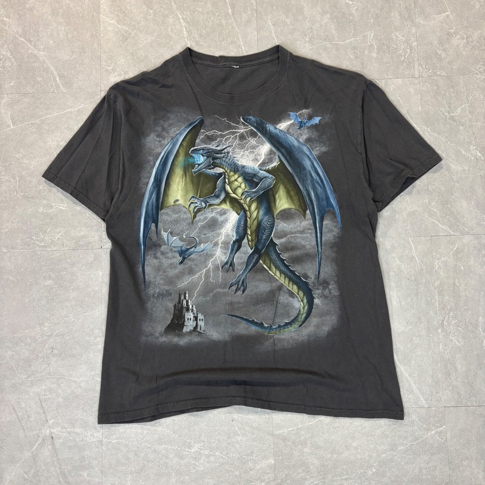 Vintage Style Blue Dragon Lightning Graphic T-Shirt Mens Black Short Sleeve